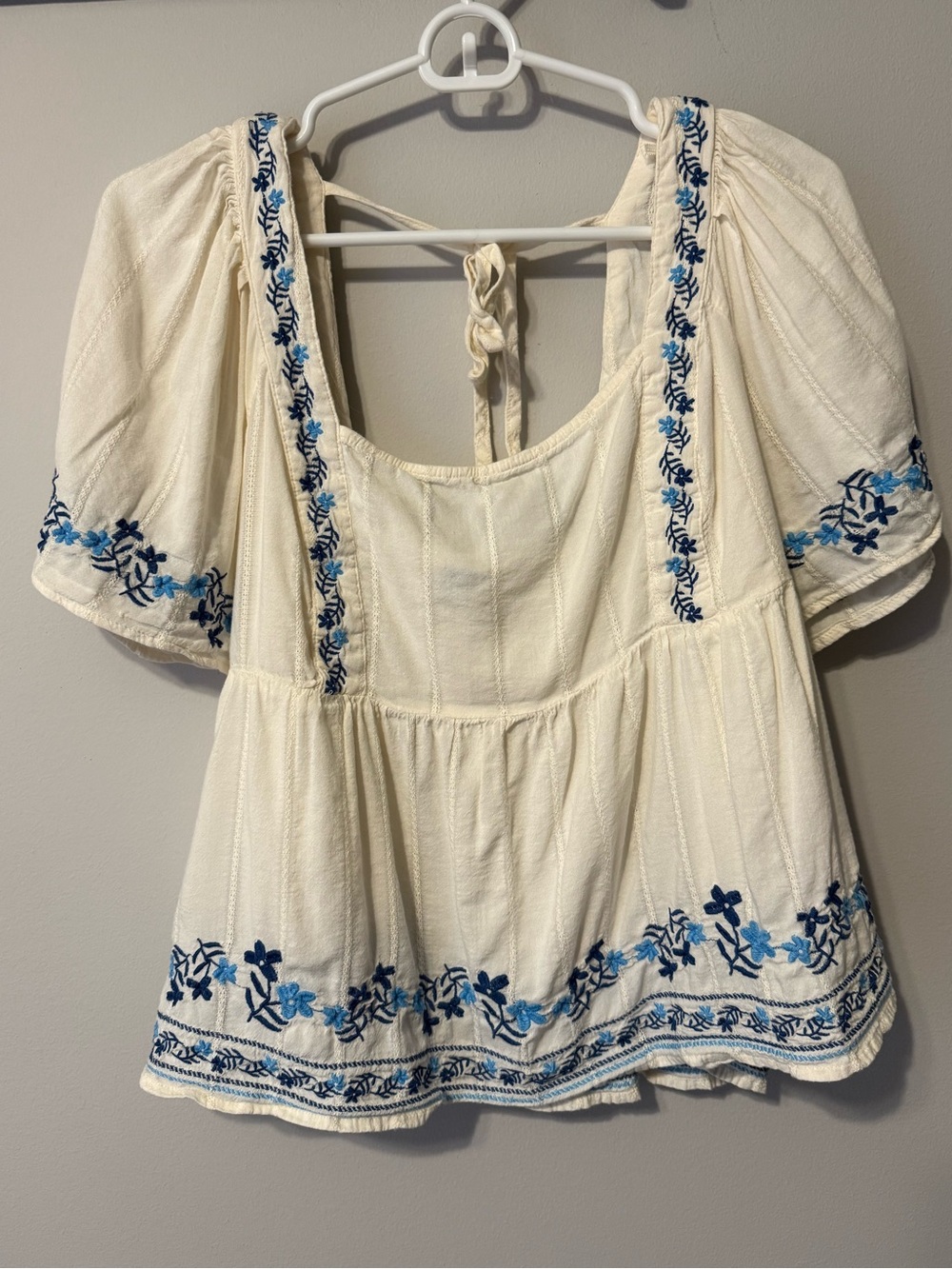 Old Navy Cream Peasant Top with Blue Floral Embroidery